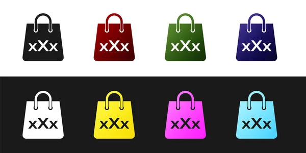 Set Bolsa de compras con un icono triple X aislado sobre fondo blanco y negro. Ilustración vectorial — Vector de stock