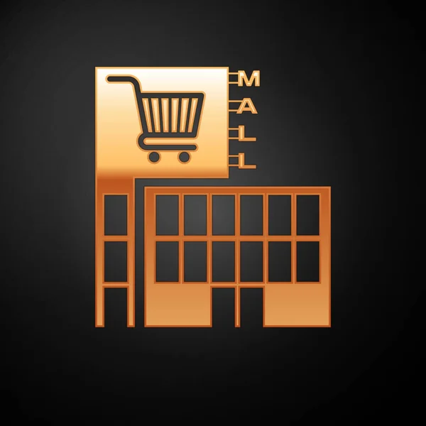 Gold Mall o edificio de supermercados con icono de carrito de compras aislado sobre fondo negro. Tienda o tienda. Ilustración vectorial — Archivo Imágenes Vectoriales