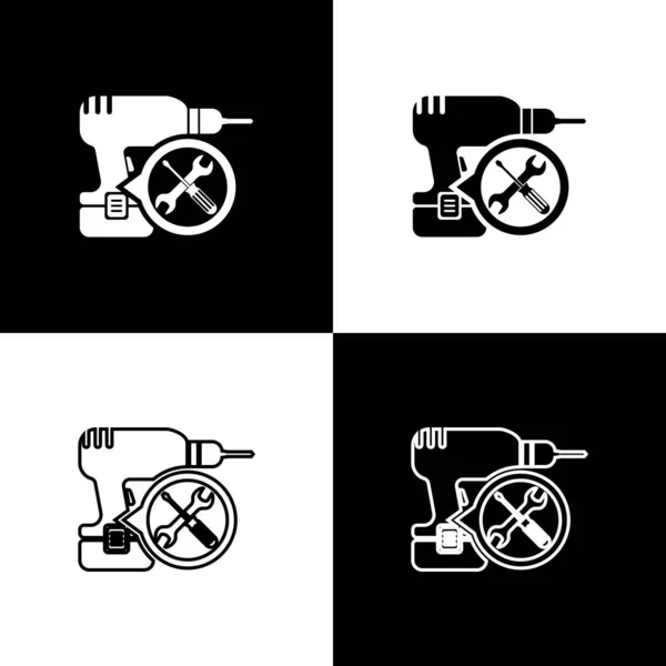 Set Taladro con destornillador e icono de llave aislada sobre fondo blanco y negro. Ajuste, servicio, ajuste, mantenimiento, reparación, fijación. Ilustración vectorial — Archivo Imágenes Vectoriales