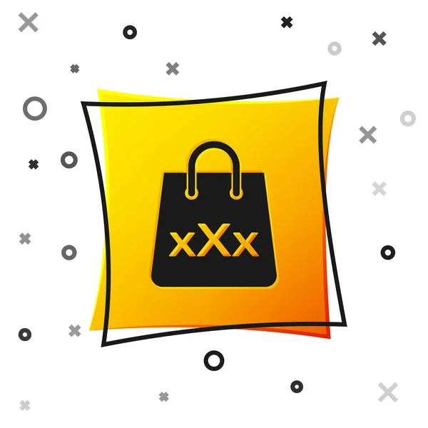 Bolsa de compras negra con un icono triple X aislado sobre fondo blanco. Botón cuadrado amarillo. Ilustración vectorial — Vector de stock