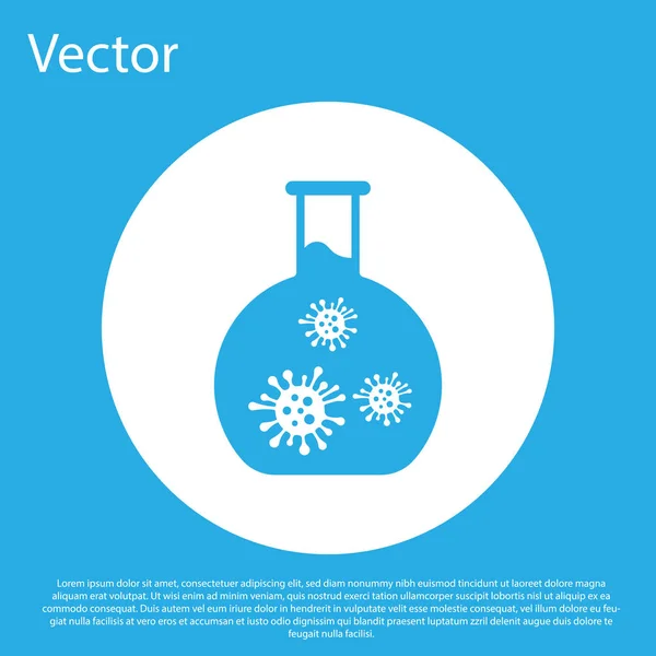 Tube à essai en verre de laboratoire bleu avec icône de virus et bactéries isolée sur fond bleu. Analyse micro-organisme, recherche, diagnostic. Bouton rond blanc. Illustration vectorielle — Image vectorielle