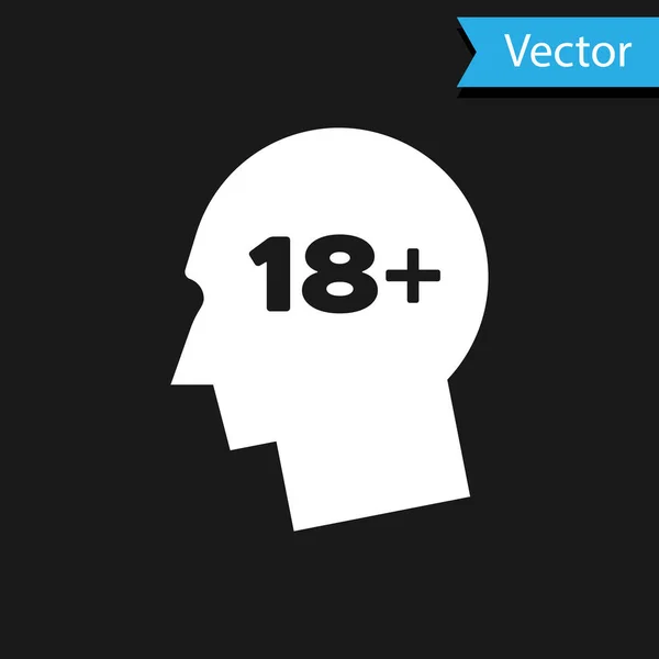 Biała głowa ludzka z napisem 18 Plus ikona wyizolowana na czarnym tle. 18 plus znak treści. Ikona tylko treści dla dorosłych. Ilustracja wektorowa — Wektor stockowy