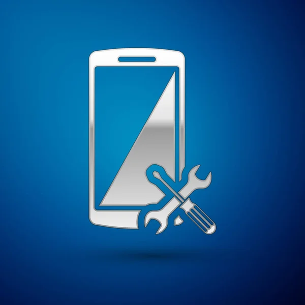 Smartphone plateado con destornillador e icono de llave inglesa aislado sobre fondo azul. Ajuste, servicio, ajuste, mantenimiento, reparación, fijación. Ilustración vectorial — Vector de stock