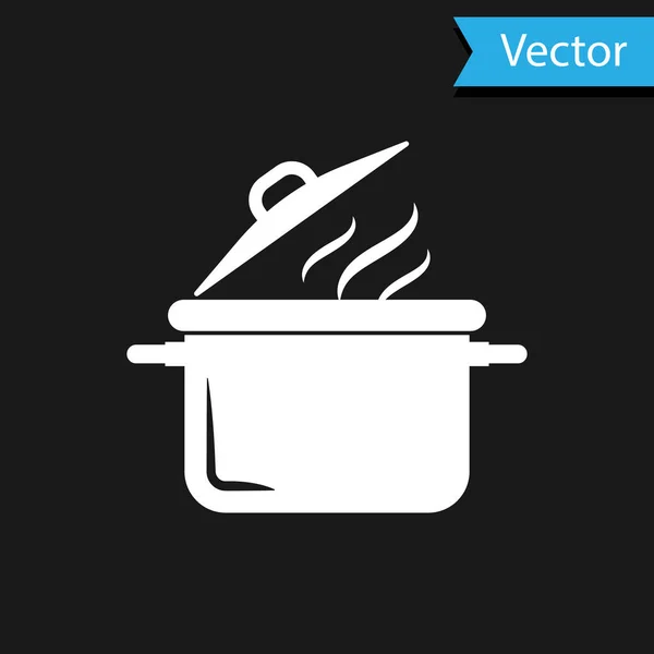 White Cooking pot icon isolated on black background. Boil or stew food symbol. Vector Illustration — Stock Vector