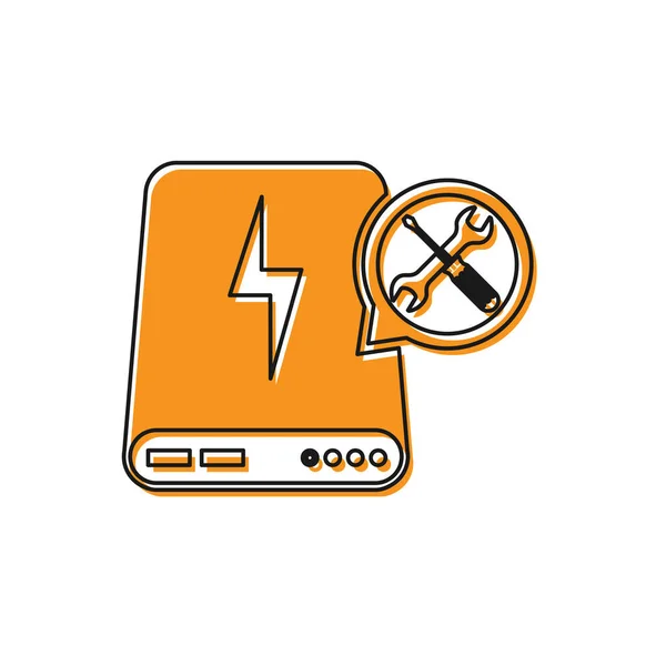 Orange Power bank with screwdriver and wrench icon isolated on white background. Adjusting, service, setting, maintenance, repair, fixing. Vector Illustration — Stock Vector