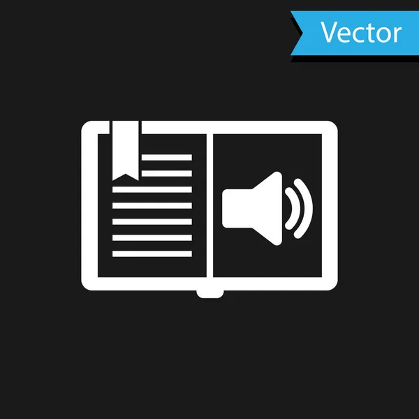 Weißes Hörbuch-Symbol isoliert auf schwarzem Hintergrund. Audioguide-Schild. Online-Lernkonzept. Vektorillustration — Stockvektor