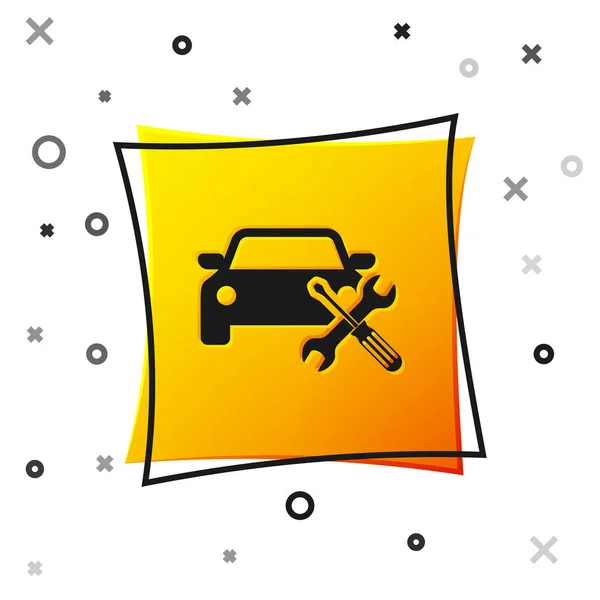 Black Car with screwdriver and wrench icon isolated on white background. Adjusting, service, setting, maintenance, repair, fixing. Yellow square button. Vector Illustration — Stock Vector