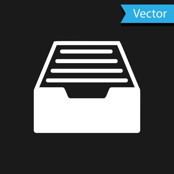 Gaveta Branca com documentos ícone isolado no fundo preto. gaveta de papéis de arquivo. Gaveta do armário de arquivos. Mobília de escritório. Ilustração vetorial — Vetor de Stock