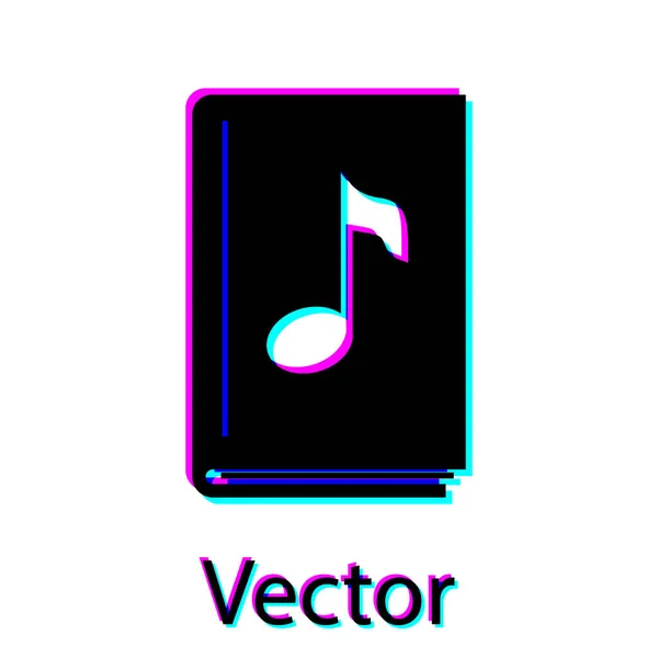 Icono de libro de audio negro aislado sobre fondo blanco. Nota musical con libro. Signo de audio guía. Concepto de aprendizaje en línea. Ilustración vectorial — Vector de stock