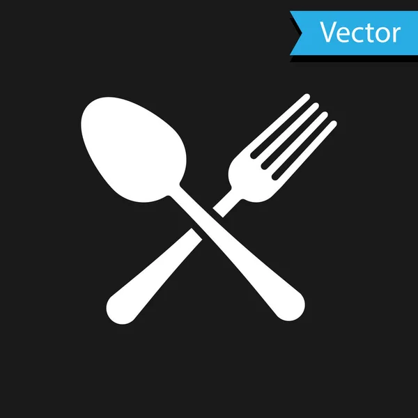 White Crossed fork and spoon icon isolated on black background. Cooking utensil. Cutlery sign. Vector Illustration — Stock Vector