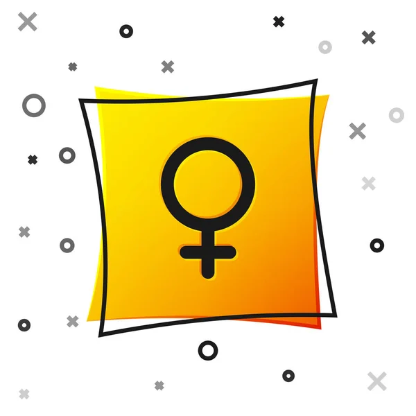 黒の女性の性別記号アイコンは、白い背景に分離されています。金星のシンボル。女性の生物または女性のシンボル。黄色の正方形のボタン。ベクトルイラストレーション — ストックベクタ