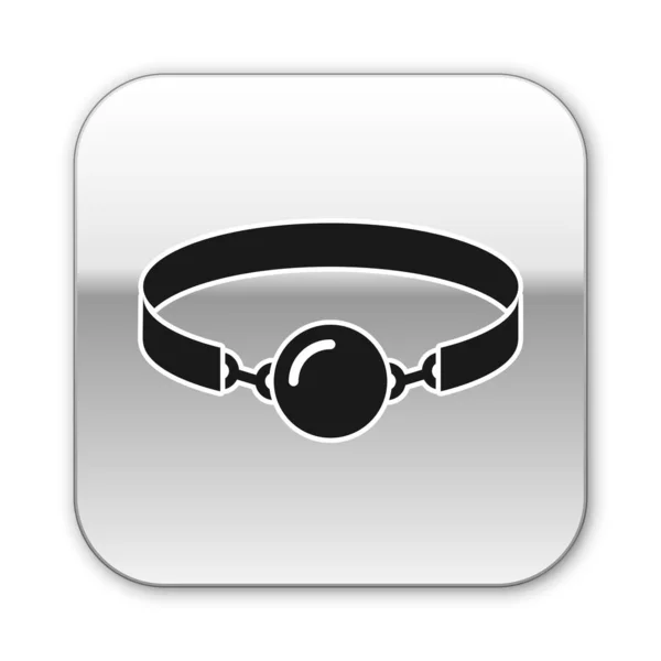 Schwarzer Silikonball-Knebel mit einem Ledergürtel-Symbol auf weißem Hintergrund. Fetisch-Accessoire. Sexspielzeug für Männer und Frauen. Silberner quadratischer Knopf. Vektorillustration — Stockvektor