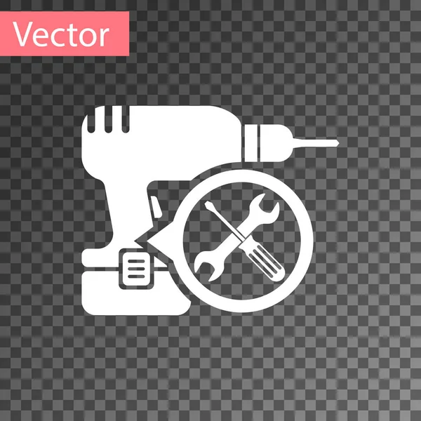 Weiße Bohrmaschine mit Schraubenzieher und Schraubenschlüssel-Symbol isoliert auf transparentem Hintergrund. Anpassung, Service, Einstellung, Wartung, Reparatur, Reparatur. Vektorillustration — Stockvektor