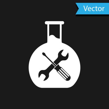 Siyah arka planda yalıtılmış tornavida ve anahtar simgesi ile beyaz Biyomühendislik. Ayarlama, hizmet, ayarlama, bakım, onarım, sabitleme. Vektör Illustration