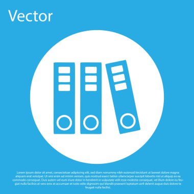 Mavi arka planda yalıtılmış kağıtlar ve belgeler simgesi ile mavi Office klasörleri. Ofis bağlayıcıları. Arşiv klasör işareti. Beyaz daire düğmesi. Vektör Illustration