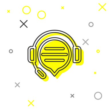 Beyaz arka planda izole konuşma kabarcık sohbet simgesi ile gri hat kulaklıklar. Destek müşteri hizmetleri, hat, çağrı merkezi, SSS, bakım. Vektör Illustration