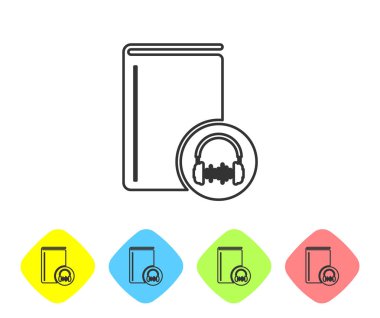 Gri çizgi sesli kitap simgesi beyaz arka planda yalıtılmış. Kulaklıkla kitap. Ses kılavuzu işareti. Online öğrenme konsepti. Renk Rhombus düğmelerinde simgesini ayarlayın. Vektör Illustration
