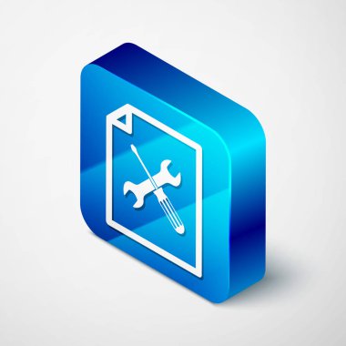 Beyaz arka planda yalıtılmış tornavida ve anahtar simgesi olan izometrik dosya belgesi. Ayarlama, hizmet, ayarlama, bakım, onarım, sabitleme. Mavi kare düğmesi. Vektör Illustration