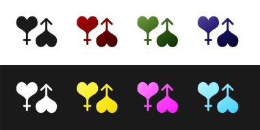 Siyah ve beyaz arka planda izole erkek ve kadın sembolü kalp simgesi ayarlayın. Cinsiyet sembolü. Vektör Illustration