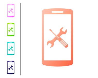 Beyaz arka planda izole tornavida ve anahtar simgesi ile mercan smartphone. Ayarlama, hizmet, ayarlama, bakım, onarım, sabitleme. Renk simgeleri ayarlayın. Vektör Illustration