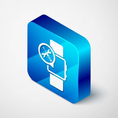 Beyaz arka planda yalıtılmış tornavida ve anahtar simgesi ile izometrik SmartWatch. Ayarlama, hizmet, ayarlama, bakım, onarım, sabitleme. Mavi kare düğmesi. Vektör Illustration