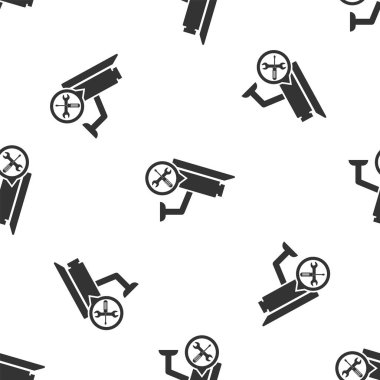 Beyaz arka planda tornavida ve anahtar simgesi izole Dikişsiz desen ile gri güvenlik kamera. Ayarlama, hizmet, ayarlama, bakım, onarım, sabitleme. Vektör Illustration