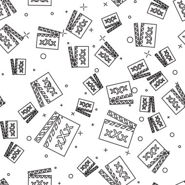 Siyah çizgi film Klaket ile yazıt xxx simgesi izole Dikişsiz desen beyaz arka plan üzerinde. Yaş kısıtlama sembolü. 18 artı içerik işareti. Yetişkin kanalı. Vektör Illustration