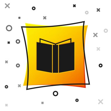 Siyah Açık kitap simgesi beyaz arka planda yalıtılmış. Sarı kare düğmesi. Vektör Illustration
