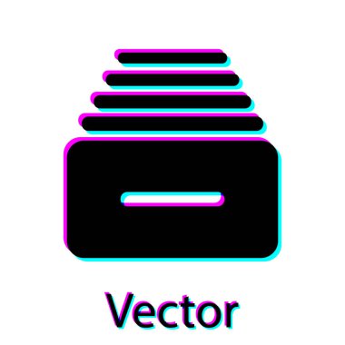 Siyah çekmece belgeleri simgesi beyaz arka planda izole. Arşiv kağıtları çekmecesi. Dosya dolabı çekmecesi. Ofis mobilyaları. Vektör Illustration