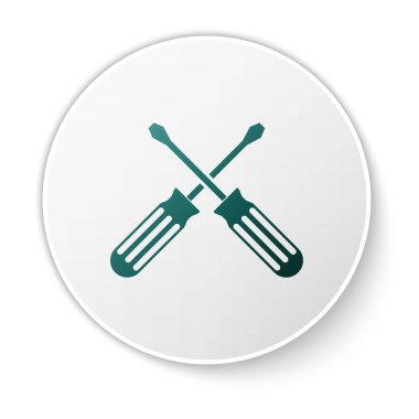 Yeşil çapraz Tornavidalar simgesi beyaz arka planda izole. Servis aracı sembolü. Beyaz daire düğmesi. Vektör Illustration