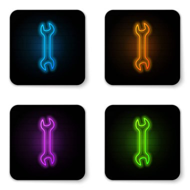 Parlak neon beyaz arka planda izole anahtarı simgesi. Anahtar tamir aracı. Servis aracı sembolü. Siyah kare düğmesi. Vektör Illustration