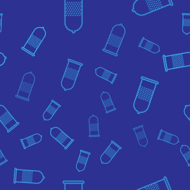 Mavi prezervatif güvenli seks simgesi mavi arka planda izole Dikişsiz desen. Güvenli aşk sembolü. Erkek için kontraseptif yöntem. Vektör Illustration