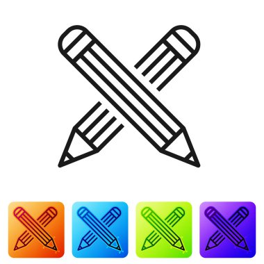 Siyah çapraz kalem simgesi beyaz arka planda izole. Eğitim işareti. Çizim ve eğitim araçları. Okul ofisi sembolü. Renk kare düğmelerinde simgeyi ayarlayın. Vektör Illustration