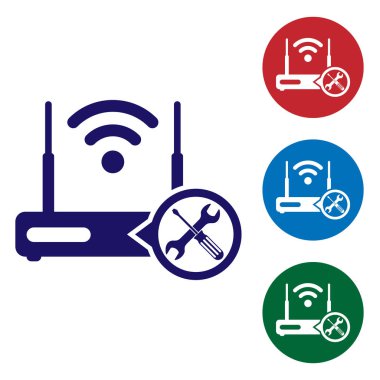 Beyaz arka planda yalıtılmış tornavida ve anahtar simgesi ile mavi Router Wi-Fi. Ayarlama, hizmet, ayarlama, bakım, onarım, sabitleme. Daire düğmelerinde renk simgesini ayarlayın. Vektör Illustration