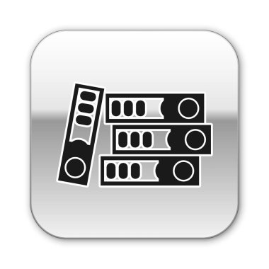 Beyaz arka planda yalıtılmış kağıtlar ve belgeler simgesi olan siyah ofis klasörleri. Ofis bağlayıcıları. Arşiv klasör işareti. Gümüş kare düğmesi. Vektör Illustration