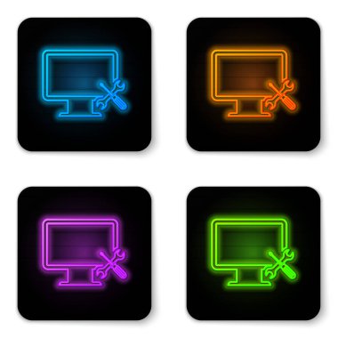 Parlayan Neon beyaz arka planda izole tornavida ve anahtar simgesi ile bilgisayar monitörü. Ayarlama, hizmet, ayarlama, bakım, onarım, sabitleme. Siyah kare düğmesi. Vektör Illustration