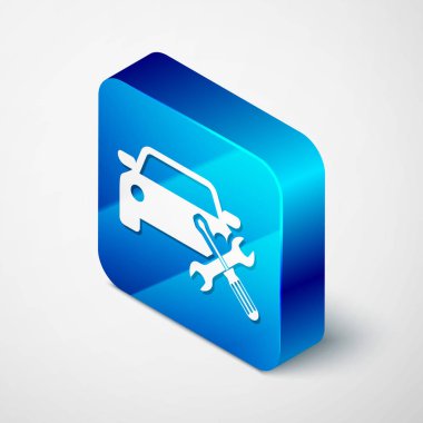 Beyaz arka planda yalıtılmış tornavida ve anahtar simgesi ile izometrik araba. Ayarlama, hizmet, ayarlama, bakım, onarım, sabitleme. Mavi kare düğmesi. Vektör Illustration