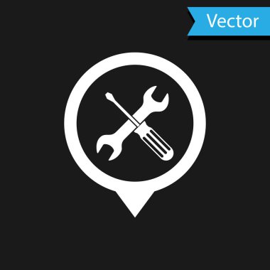 Siyah arka planda yalıtılmış çapraz tornavida ve anahtar araçları simgesi ile beyaz konum. İşaretçi ayarları sembolü. Vektör Illustration