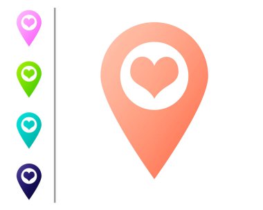 Beyaz arka planda izole kalp simgesi ile mercan Haritası işaretçisi. Renk simgeleri ayarlayın. Vektör Illustration