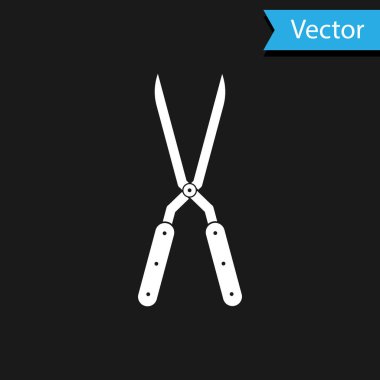 Beyaz Bahçe siyah arka planda izole simgesi kırpma için el yapımı makas. Ahşap kolları ile budama makasları. Vektör Illustration