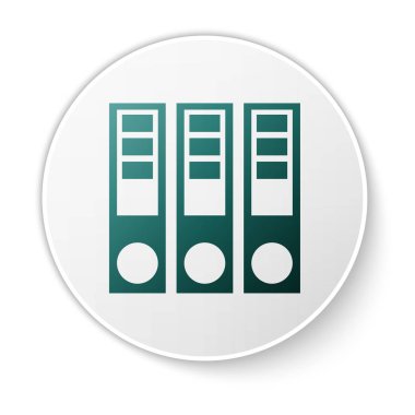 Beyaz arka planda yalıtılmış kağıtlar ve belgeler simgesi ile yeşil Office klasörleri. Ofis bağlayıcıları. Arşiv klasör işareti. Beyaz daire düğmesi. Vektör Illustration