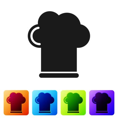 Siyah Şef şapka simgesi beyaz arka planda izole. Pişirme sembolü. Aşçı şapkası. Renk kare düğmelerinde simgeyi ayarlayın. Vektör Illustration