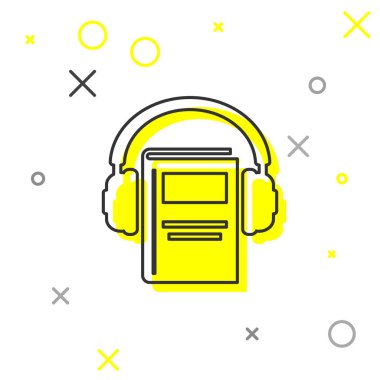 Gri çizgi sesli kitap simgesi beyaz arka planda yalıtılmış. Kulaklıkla kitap. Ses kılavuzu işareti. Online öğrenme konsepti. Vektör Illustration