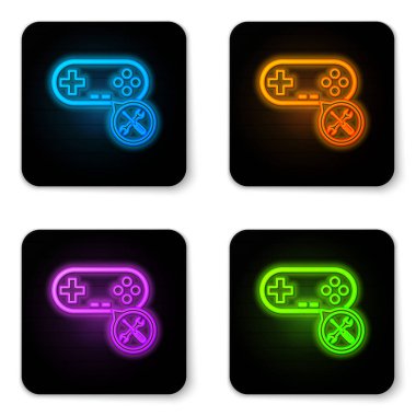 Parlayan Neon gamepad ile tornavida ve anahtar simgesi beyaz arka planda izole. Ayarlama, hizmet, ayarlama, bakım, onarım, sabitleme. Siyah kare düğmesi. Vektör Illustration