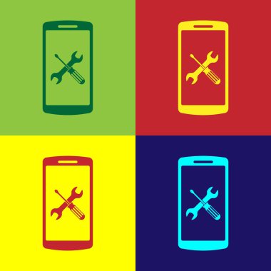 Renkli arka plan üzerinde izole tornavida ve anahtar simgesi ile renkli smartphone. Ayarlama, hizmet, ayarlama, bakım, onarım, sabitleme. Vektör Illustration