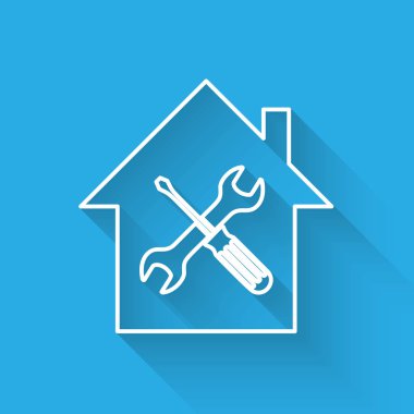 Beyaz çizgi ev veya ev tornavida ve anahtar simgesi uzun gölge ile izole. Ayarlama, hizmet, ayarlama, bakım, onarım, sabitleme. Vektör Illustration