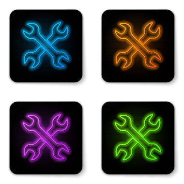 Parlayan Neon beyaz arka planda izole ciltleme simgesi çapraz. Anahtar tamir aracı. Servis aracı sembolü. Siyah kare düğmesi. Vektör Illustration