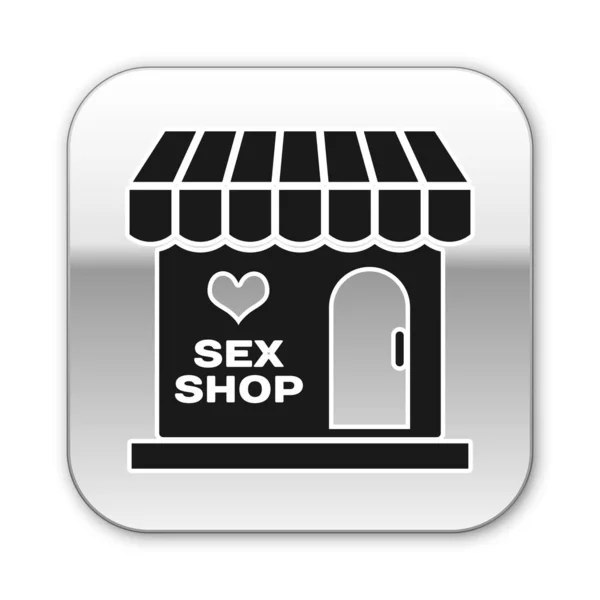 흰색 배경에 고립 된 줄무늬 차양 아이콘이있는 검은 섹스 숍 건물. 섹스 숍, 온라인 섹스 스토어, 성인 에로틱 한 제품 개념. 실버 스퀘어 버튼. 벡터 일러스트레이션 — 스톡 벡터