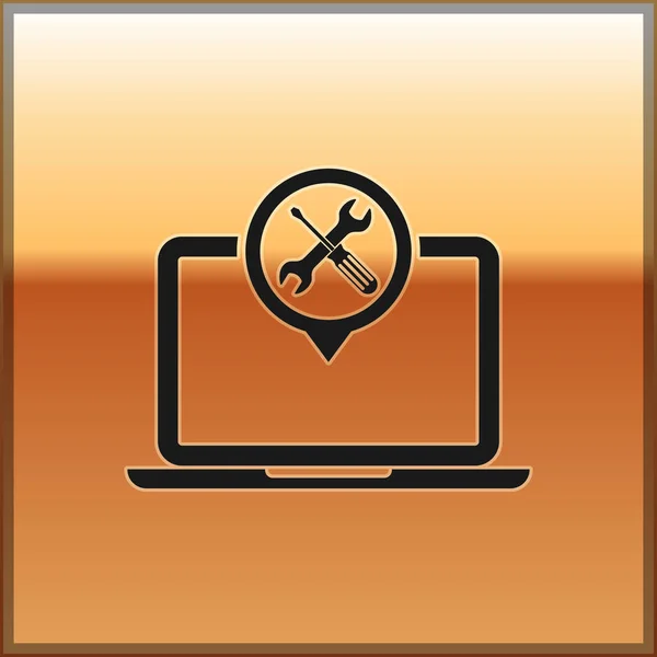 Černý notebook s ikonou šroubováku a klíče, izolovaný na zlatém pozadí. Seřízení, servis, nastavení, údržba, opravy, upevnění. Vektorová ilustrace — Stockový vektor