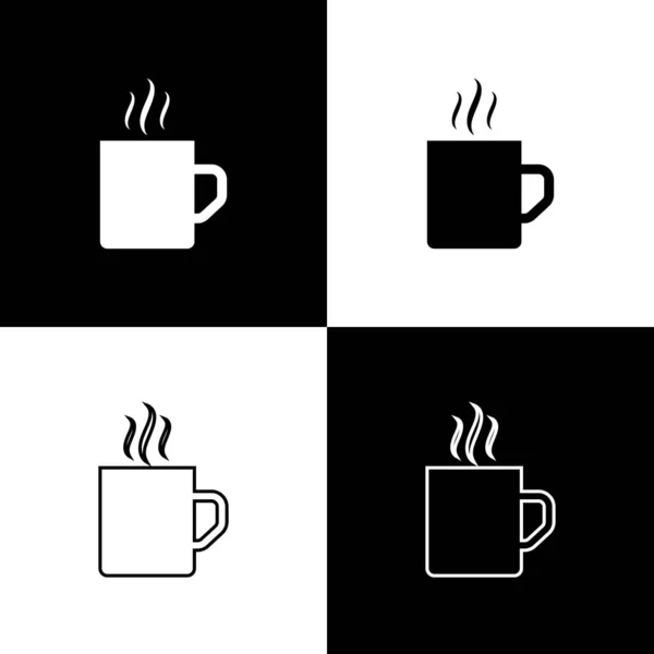 Siyah ve beyaz arka planda izole kahve fincan düz simgesi ayarlayın. Çay bardağı. Sıcak içecek kahvesi. Vektör Illustration — Stok Vektör